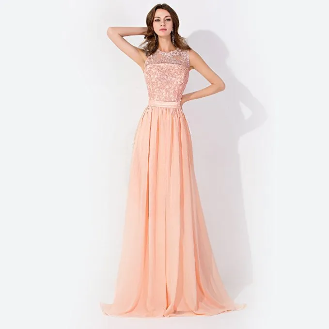 Sleeveless Chiffon Beading Evening Party Dress Crew Neck aline Bridesmaid Dress