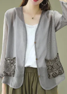 Unique Grey V Neck Print Patchwork Linen Loose Cardigans Coat Summer