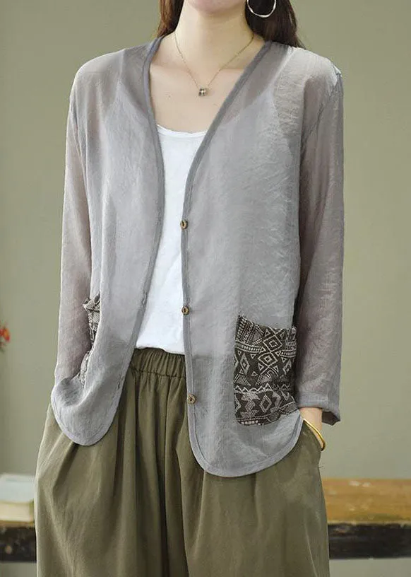 Unique Grey V Neck Print Patchwork Linen Loose Cardigans Coat Summer