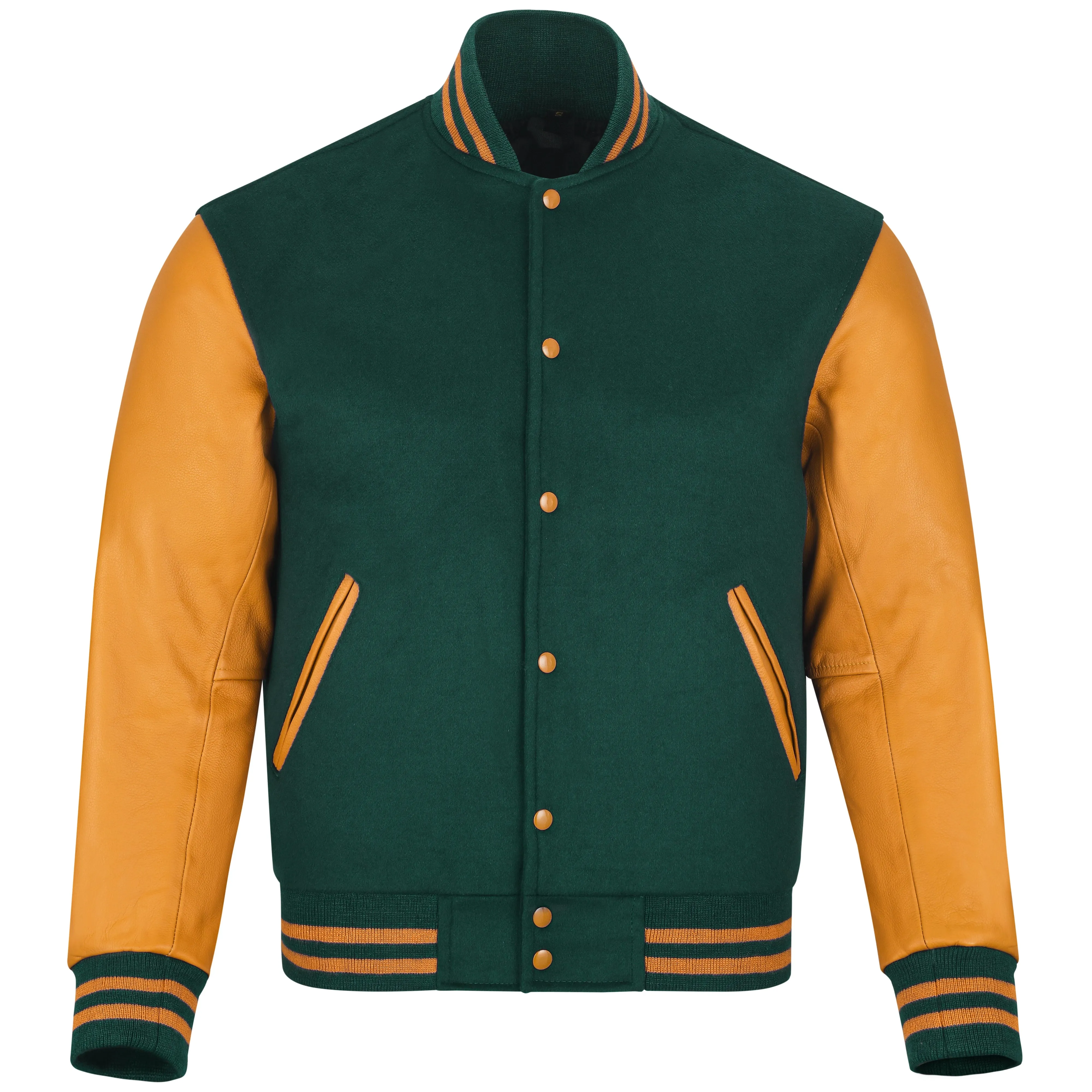 Warrior Gears Classic Hybrid Varsity Jacket for Kids, Toddler Letterman Bomber Jacket for Boys, Unisex Varsity Jacket Girls, Green Pure Wool Body & Goldish Yellow Cowhide Leather Sleeves