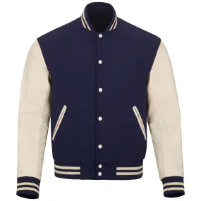 Warrior Gears Classic Hybrid Varsity Jacket for Kids, Toddler Letterman Bomber Jacket for Boys, Unisex Varsity Jacket Girls, Navy Blue Pure Wool Body & Cream Cowhide Leather Sleeves