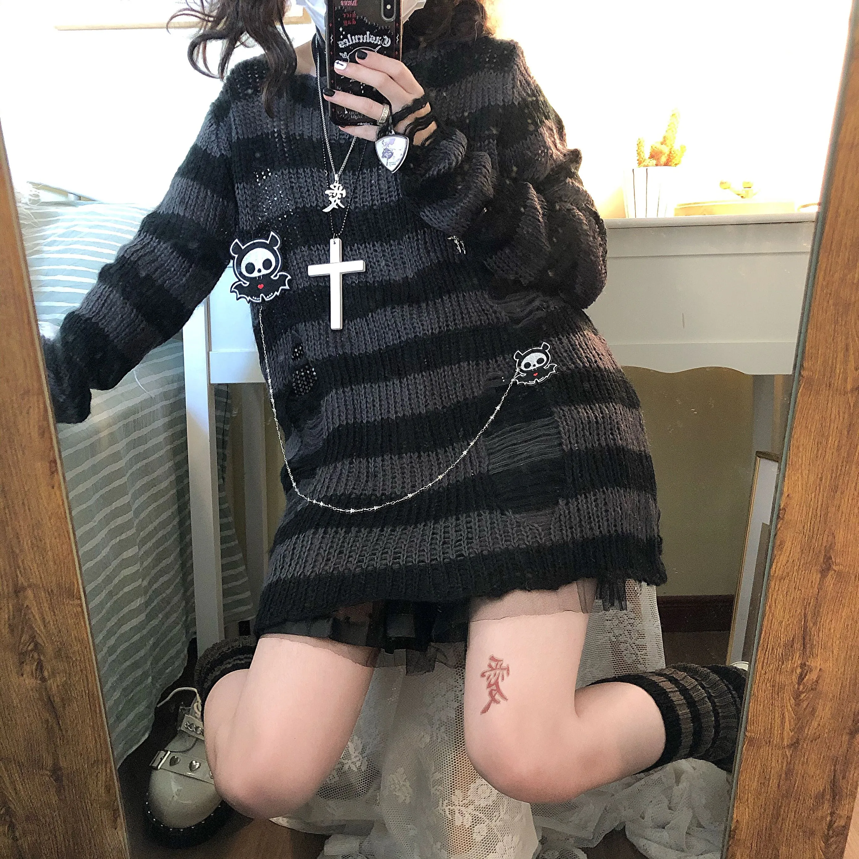 Wenkouban Pink Striped Gothic Sweaters Women Ripped Holes Loose Knitted Pullover Frayed Fairy Grunge Jumpers Emo Streetwear Lolita