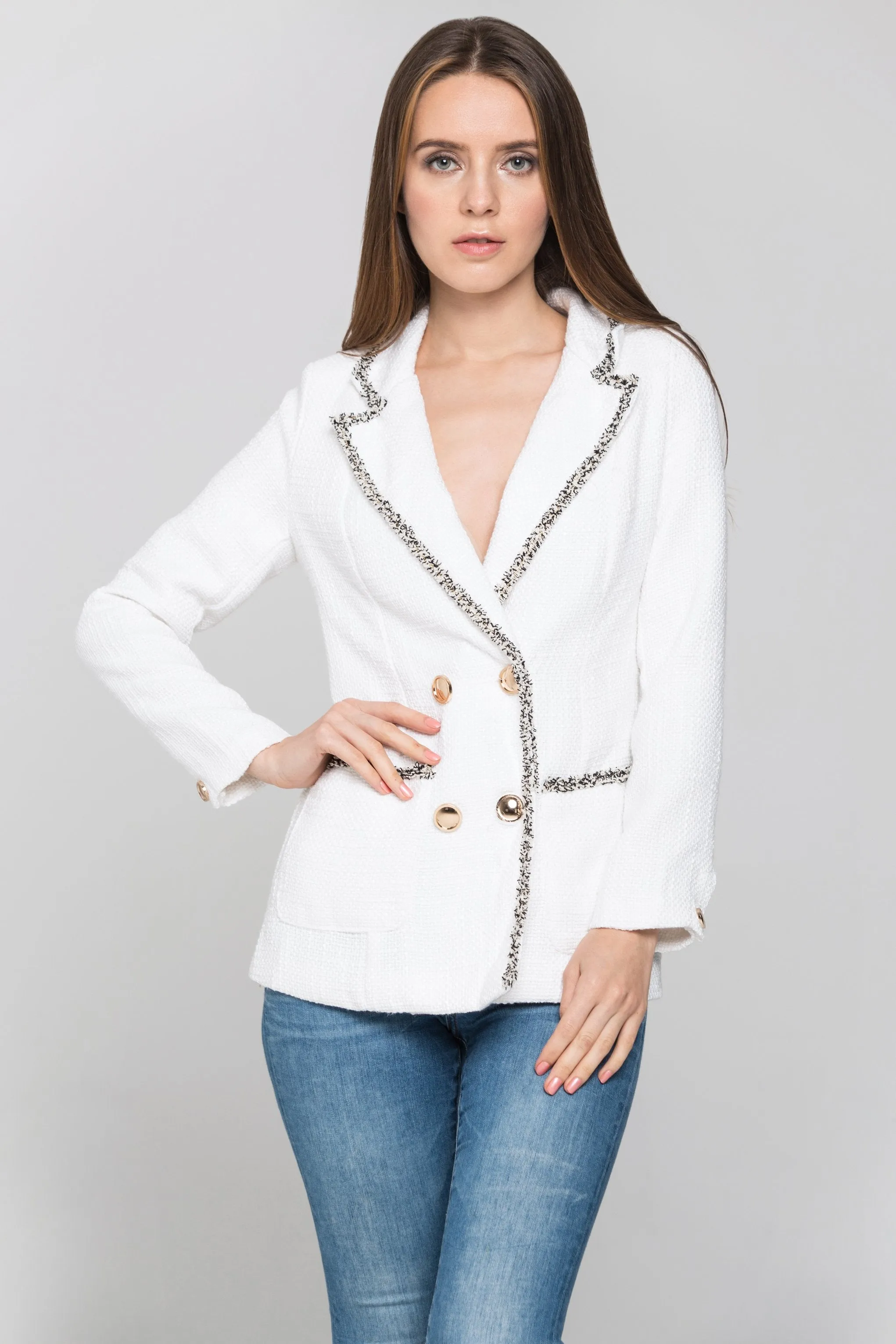 White Tweed Frilled Trim Blazer