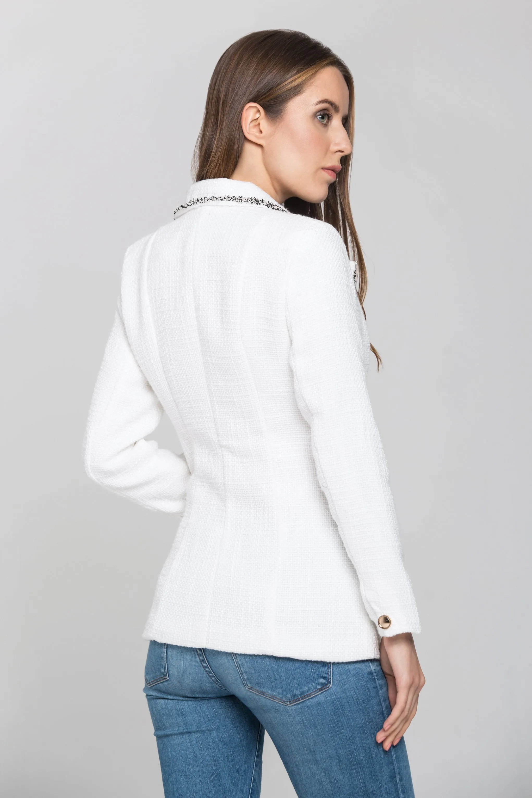 White Tweed Frilled Trim Blazer