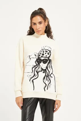 Women Cream Printed Sweatshirt