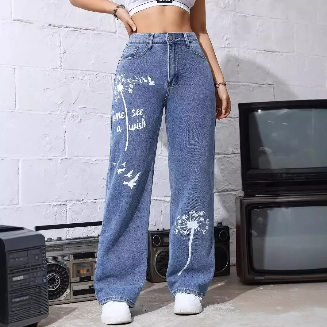 Women Printing Stylish Jeans Women High Waist Baggy Straight Trousers