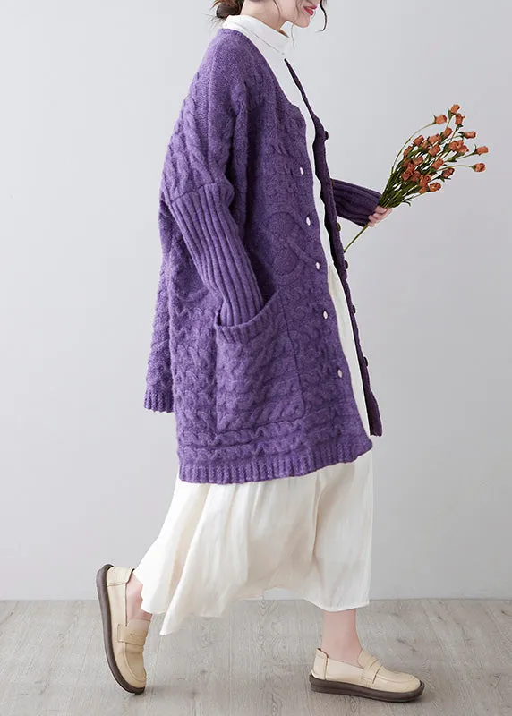 Women Purple O-Neck Button Knit Loose Knit Cardigans Spring F4176