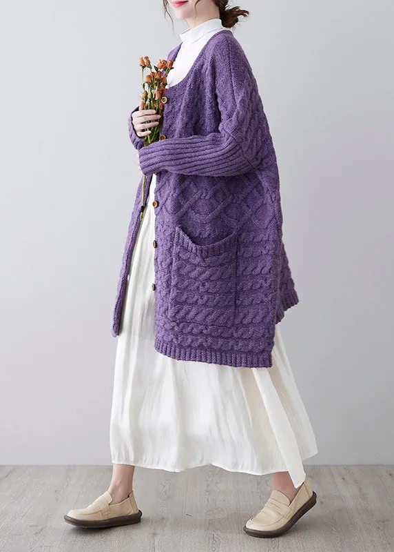 Women Purple O-Neck Button Knit Loose Knit Cardigans Spring F4176