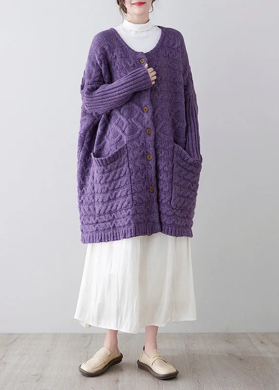 Women Purple O-Neck Button Knit Loose Knit Cardigans Spring F4176