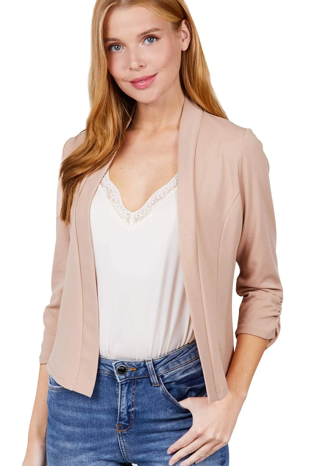 Women's 3/4 Shirring Sleeve Open Front Knit Casual Jacket