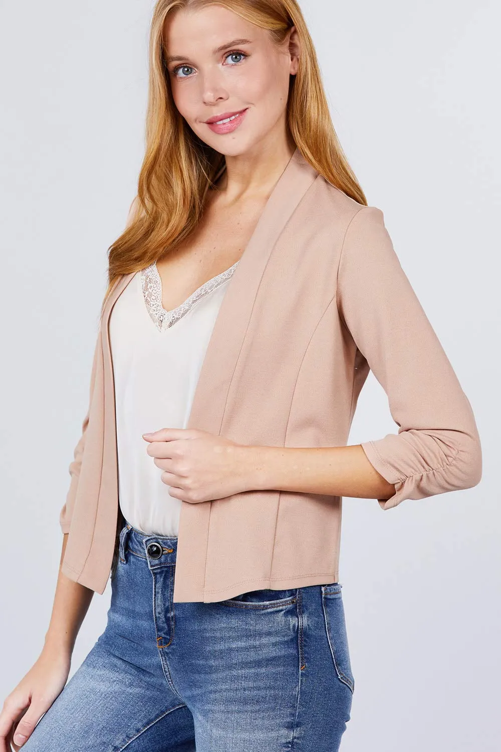 Women's 3/4 Shirring Sleeve Open Front Knit Casual Jacket