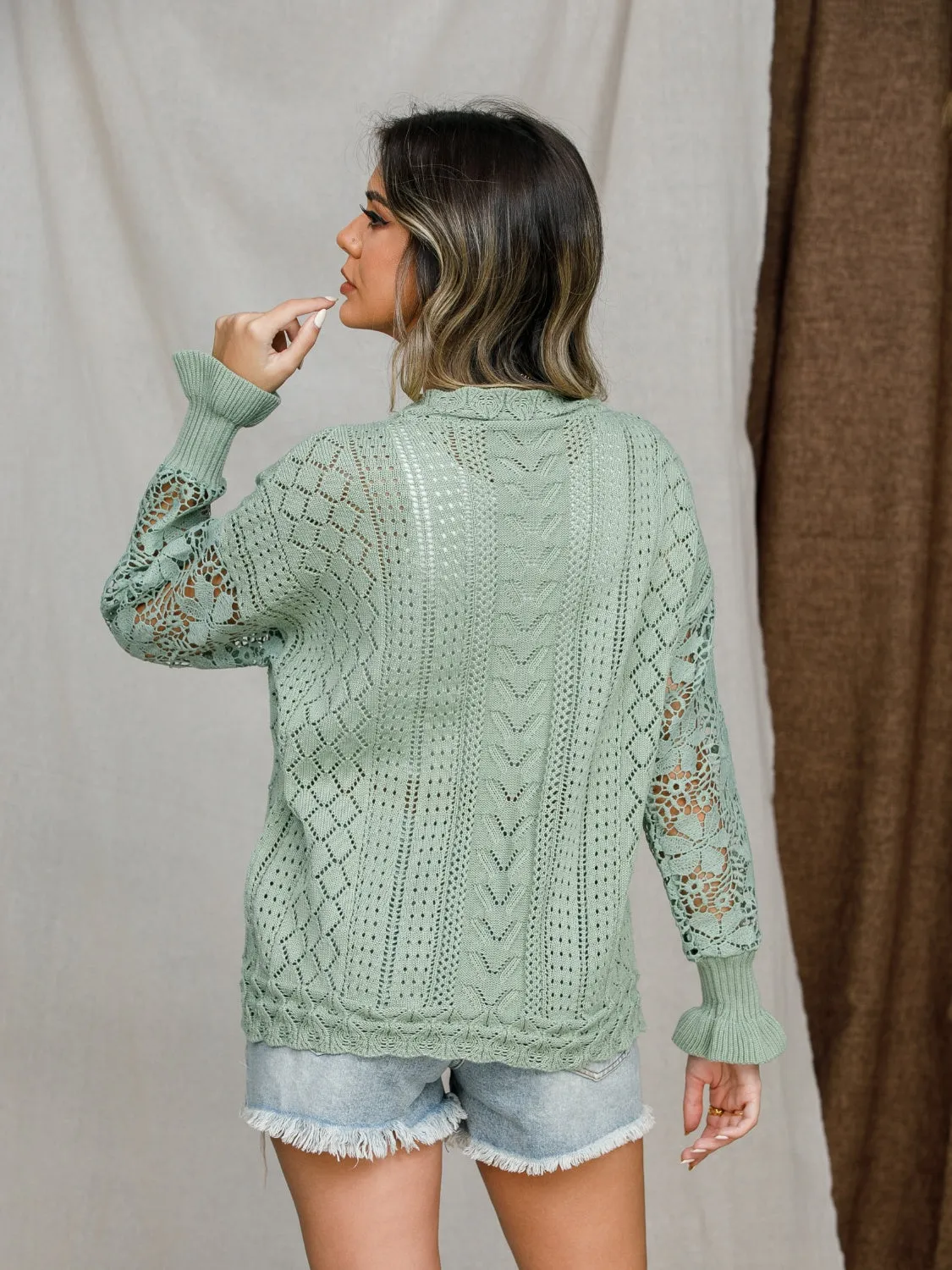 Women's Cozy Eyelet Crochet Lantern Sleeve Sweater