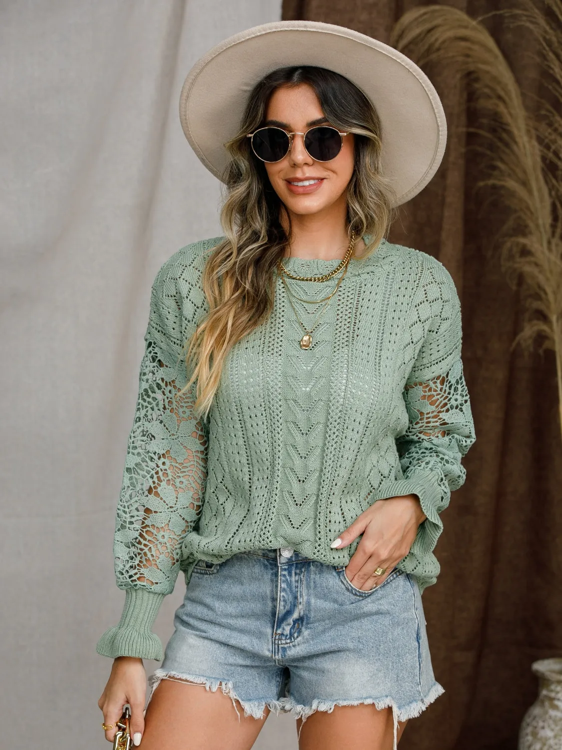 Women's Cozy Eyelet Crochet Lantern Sleeve Sweater