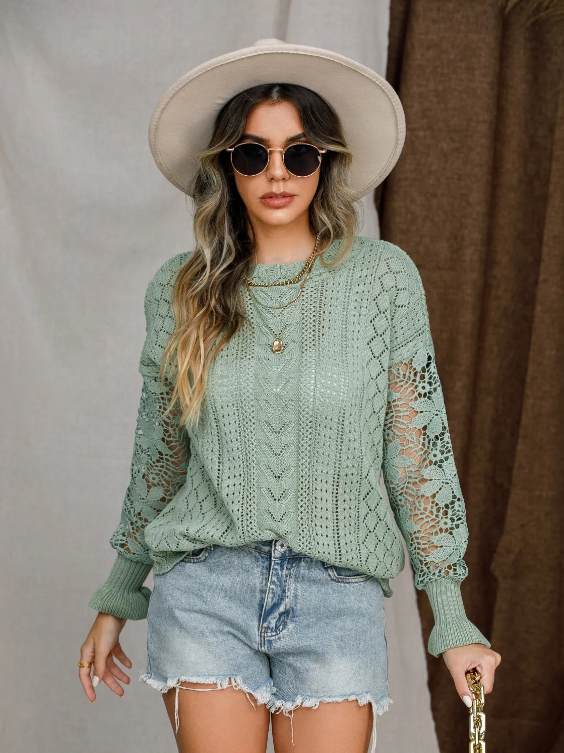 Women's Cozy Eyelet Crochet Lantern Sleeve Sweater