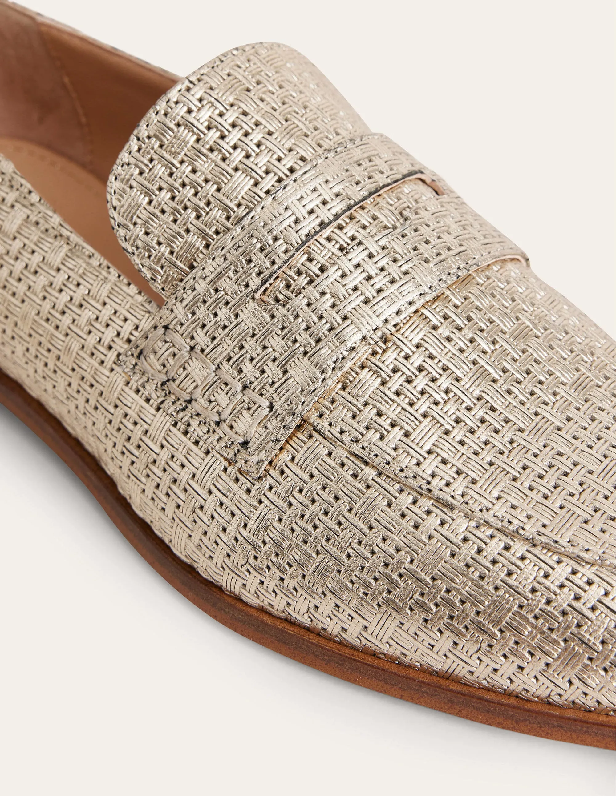 Woven Leather Loafers-Gold Weave Effect Leather