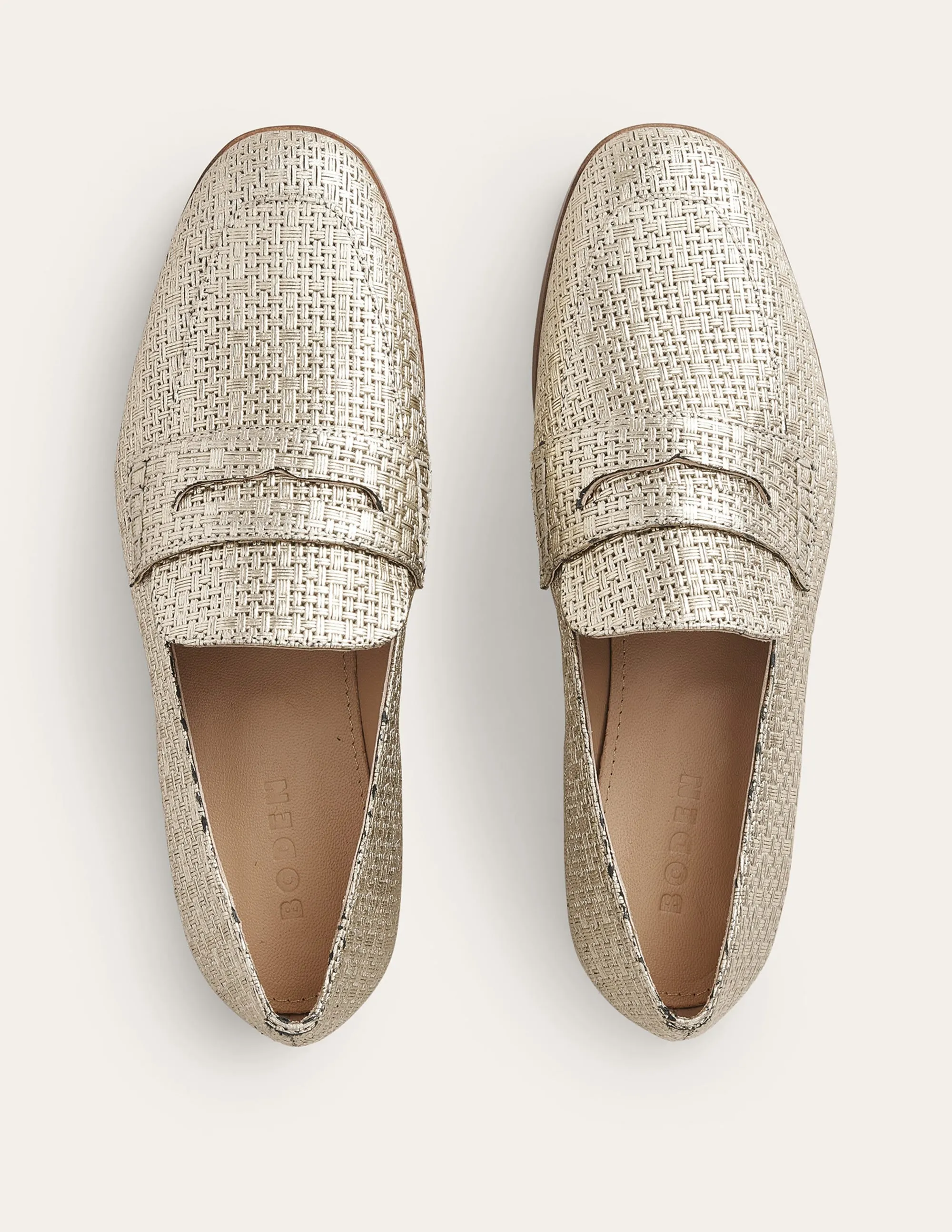 Woven Leather Loafers-Gold Weave Effect Leather